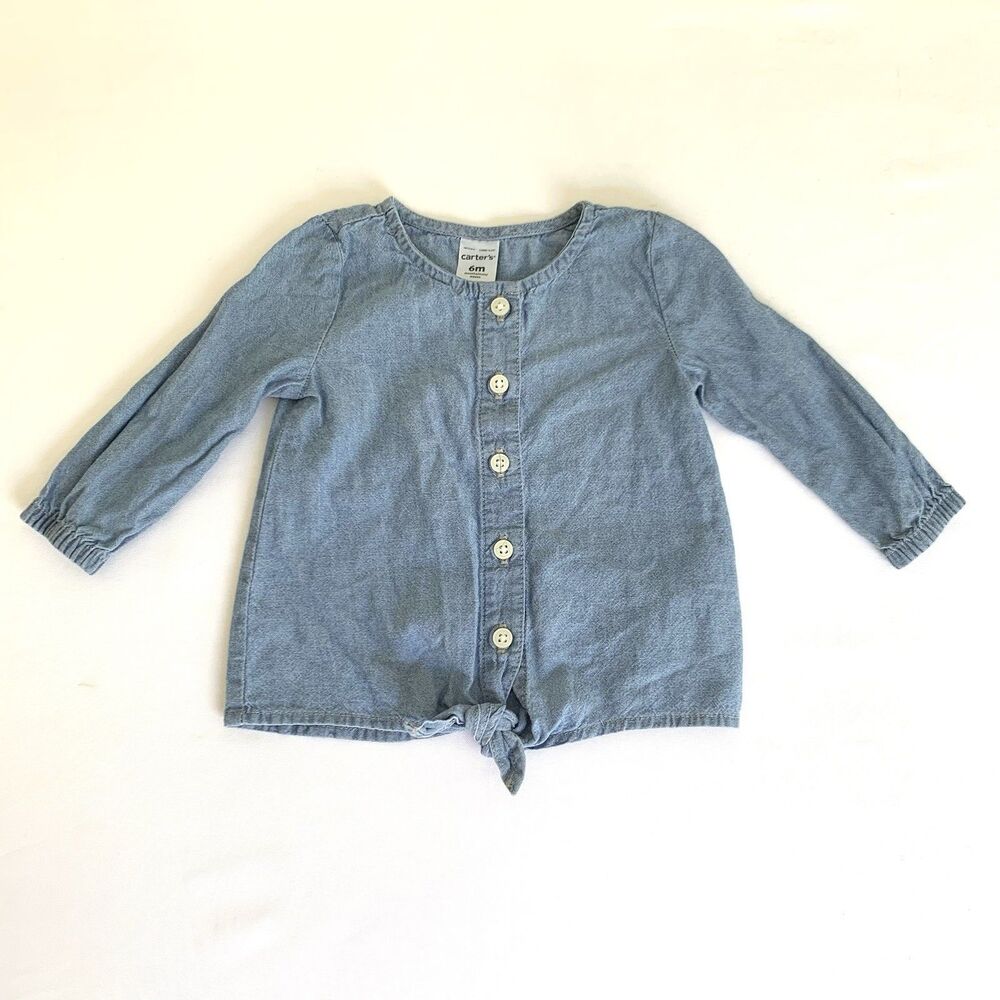 Carters Button Up‎ Shirt Baby Girl 6 Months Blue Chambray Denim Tie Front Boho